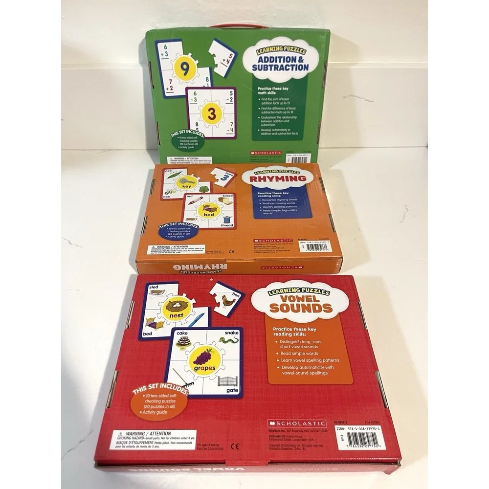 LEARNING PUZZLES Rhyming , Vowel Sounds , Add& Sub SET OF‎ 3  PK-1